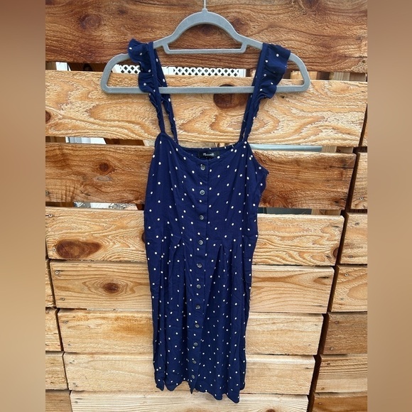 Madewell navy polka dot summer‎ dress. Button front, flutter sleeves. Sz 2 - Picture 1 of 5
